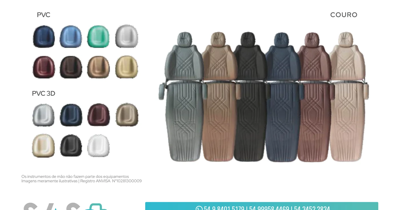 Grade de cores disponíveis para o estofamento das cadeiras Olsen — PVC, PVC 3D e couro