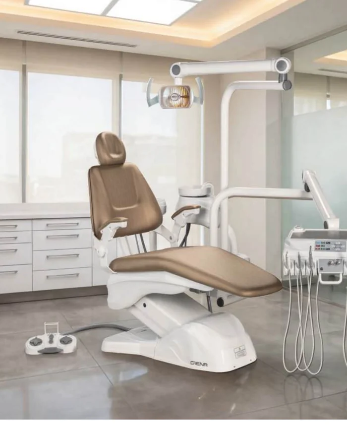 Cadeira odontológica Olsen Siena White Edition, estofado dourado, revenda autorizada SAS